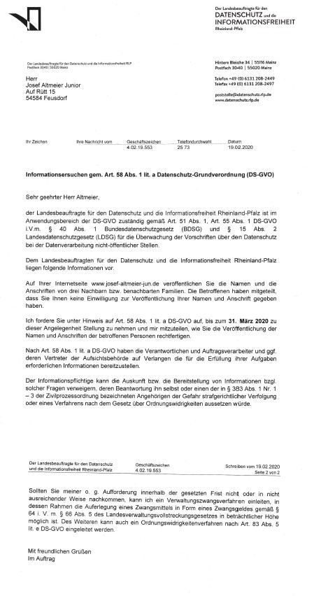Brief der Datenschutzbeauftragten