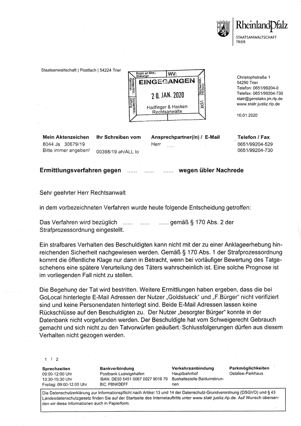 Schreiben der Staatsanwaltschaft Seite 1